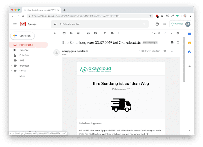 NETVERSYS Versandemail in Gmail for Desktop
