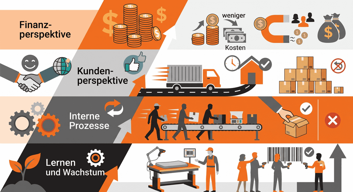 Symbolgrafik Ursache-Wirkungskette einer Balanced Scorecard, generiert mit KI