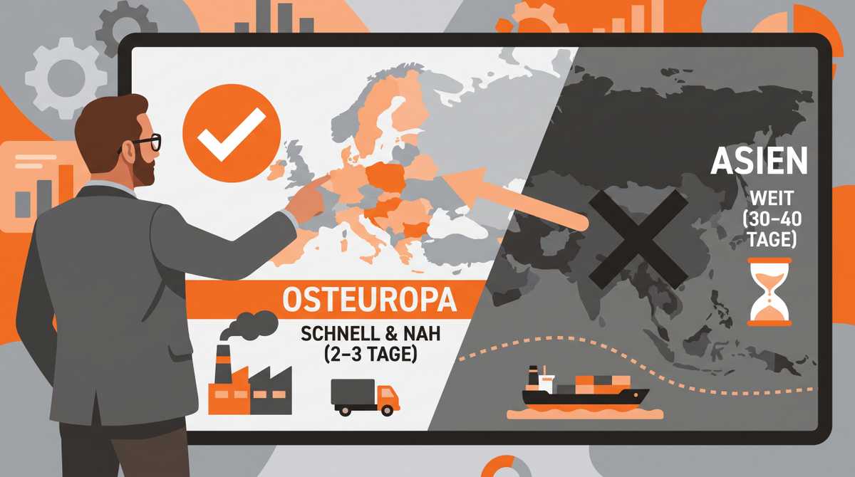 Nearshoring für europäische Märkte. Symbolgrafik erstellt mit KI