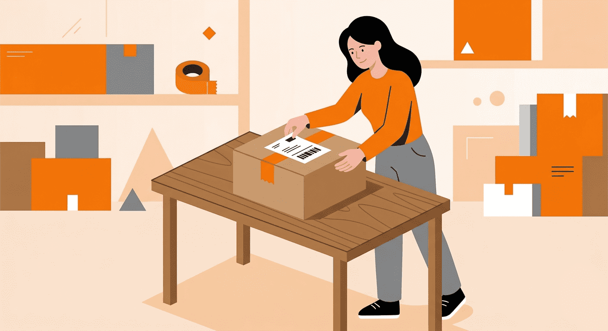 Symbografik Porto - Frau klebt Versandlabel auf Paket