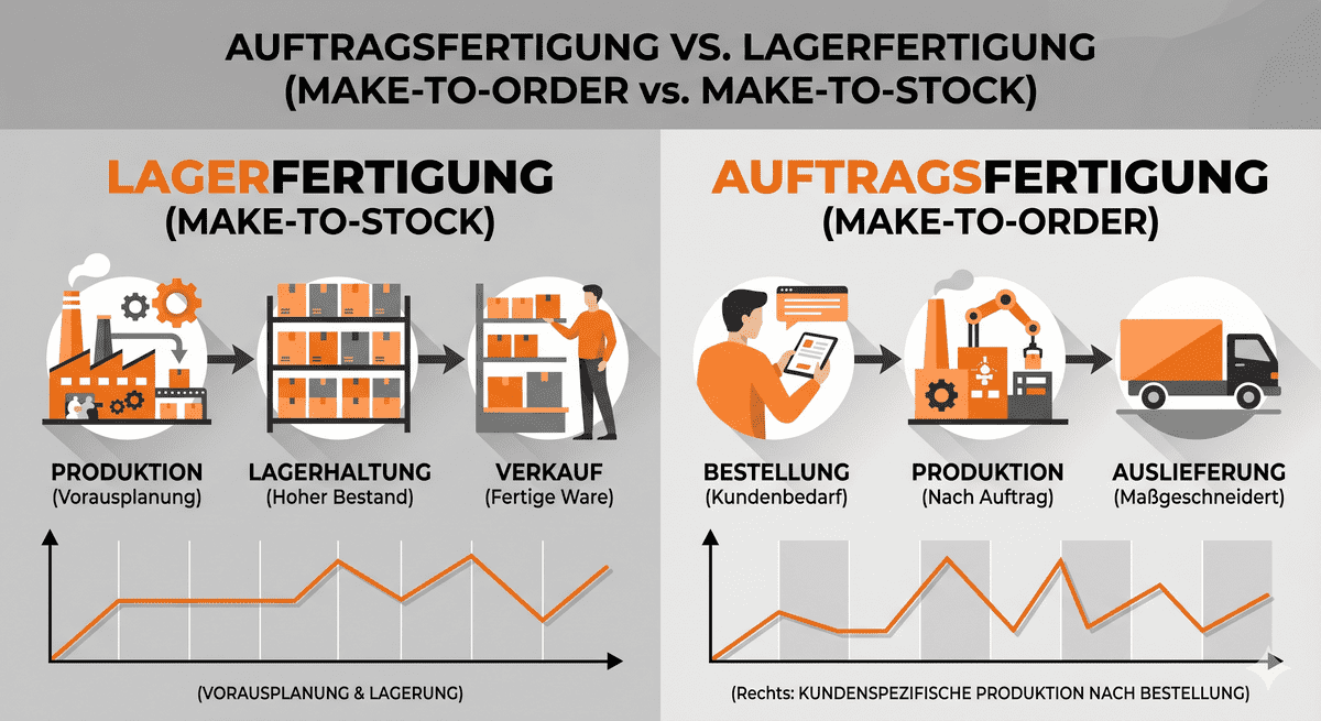 Lagerfertigung vs Auftragsfertigung, Symbolgrafik mit KI erstellt