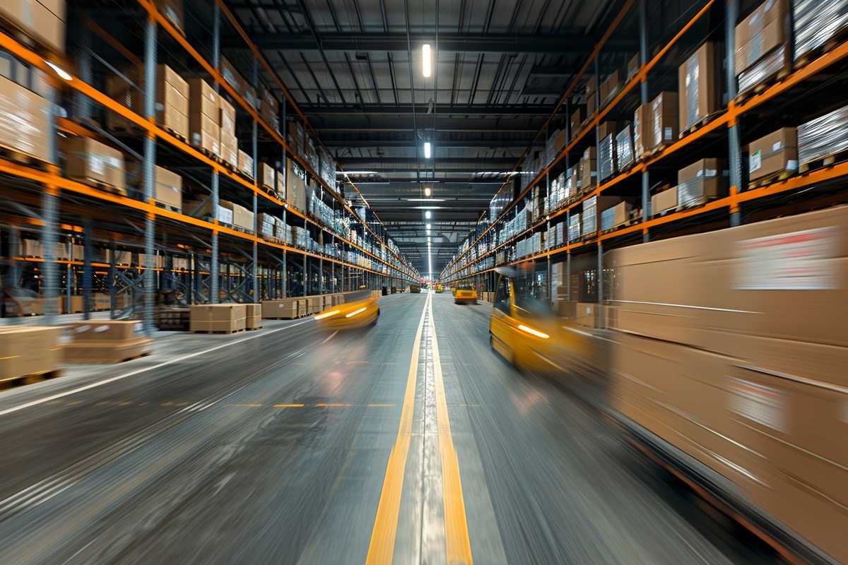 Symbolfoto Warehousing: Gabelstapler transportieren Paletten durch ein Hochregallager