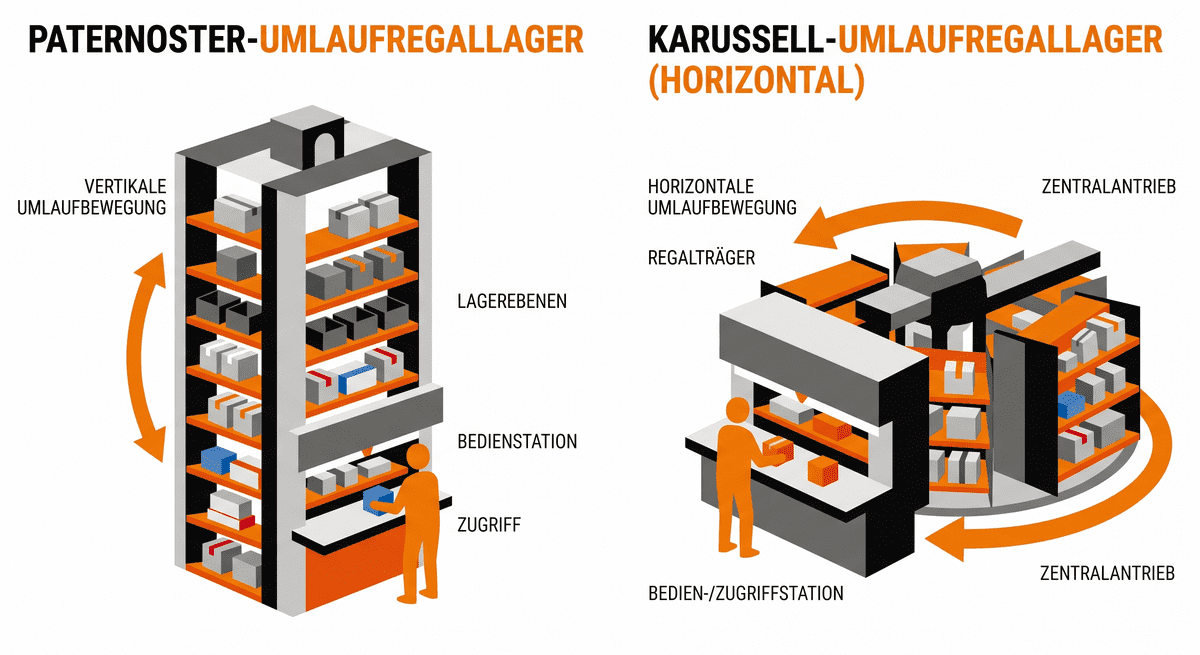 Darstellung von Umlaufregallagern Paternoster und Karuselllager