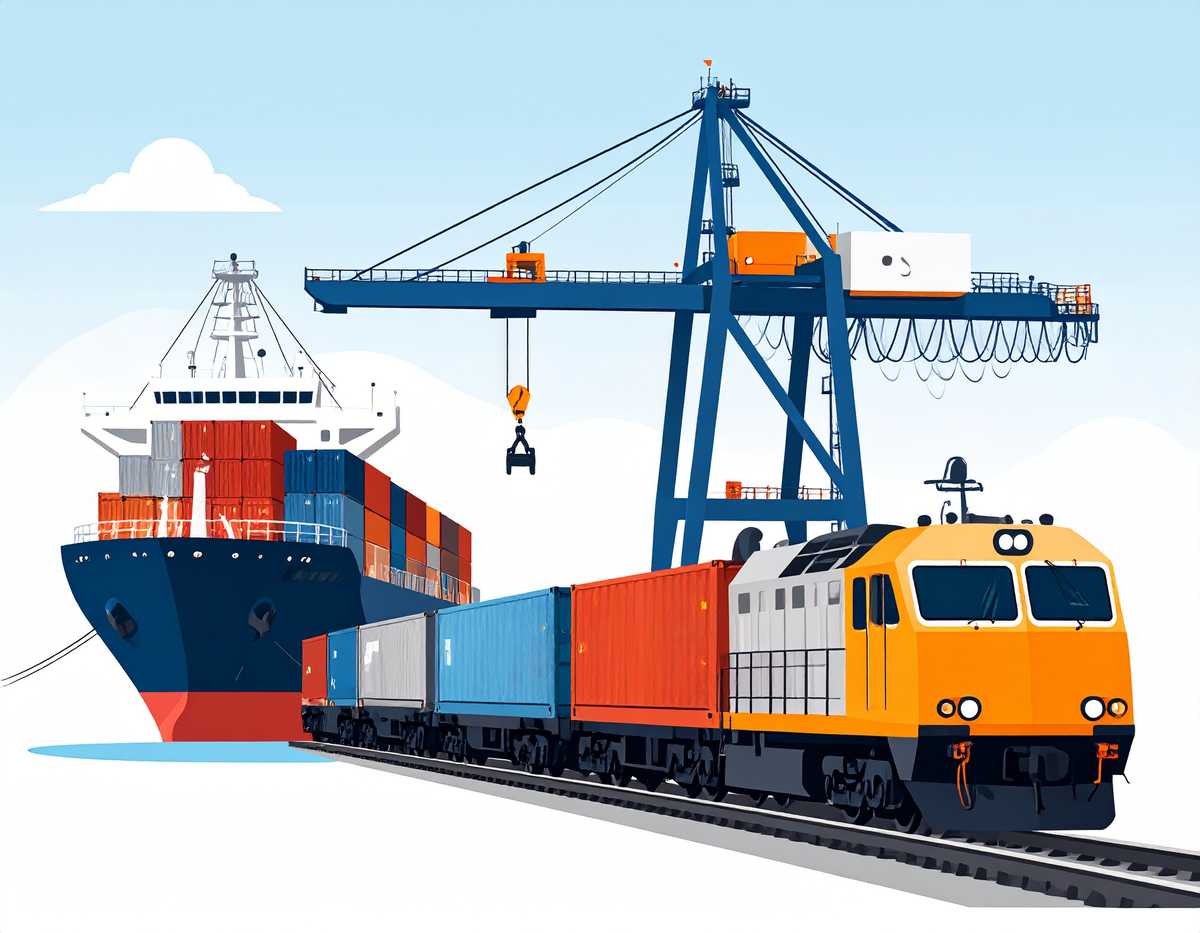Symbolgrafik Cargo Handling zwischen Schienenverkehr und Seefracht