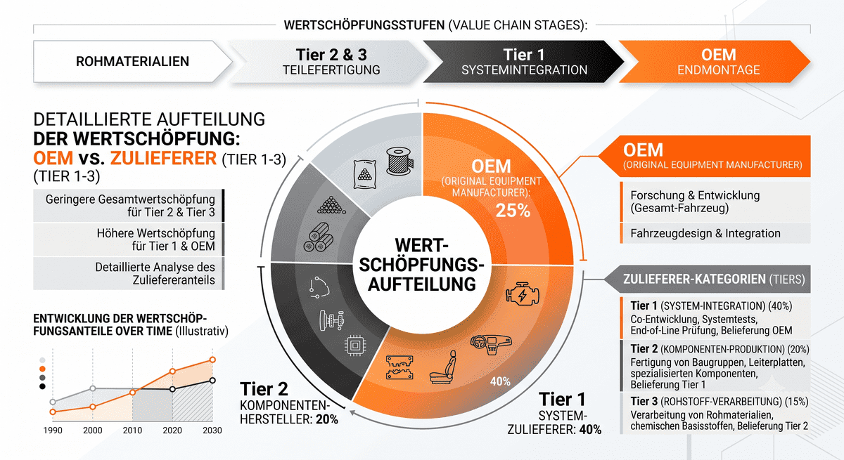 Anteile an der Wertschöpfung am Beispiel Automotive. Grafik erstellt mit KI