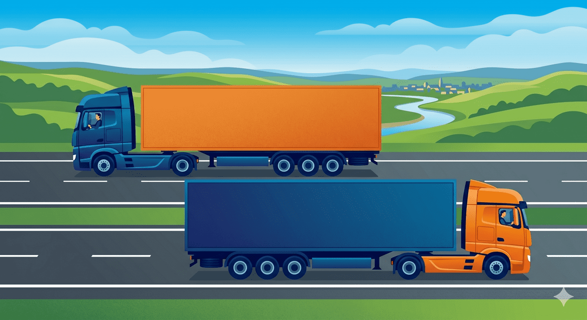 Symbolgrafik für Collaborative Routing. Zwei Lkw transportieren Waren des Mitbewerbers, statt leer zu fahren.