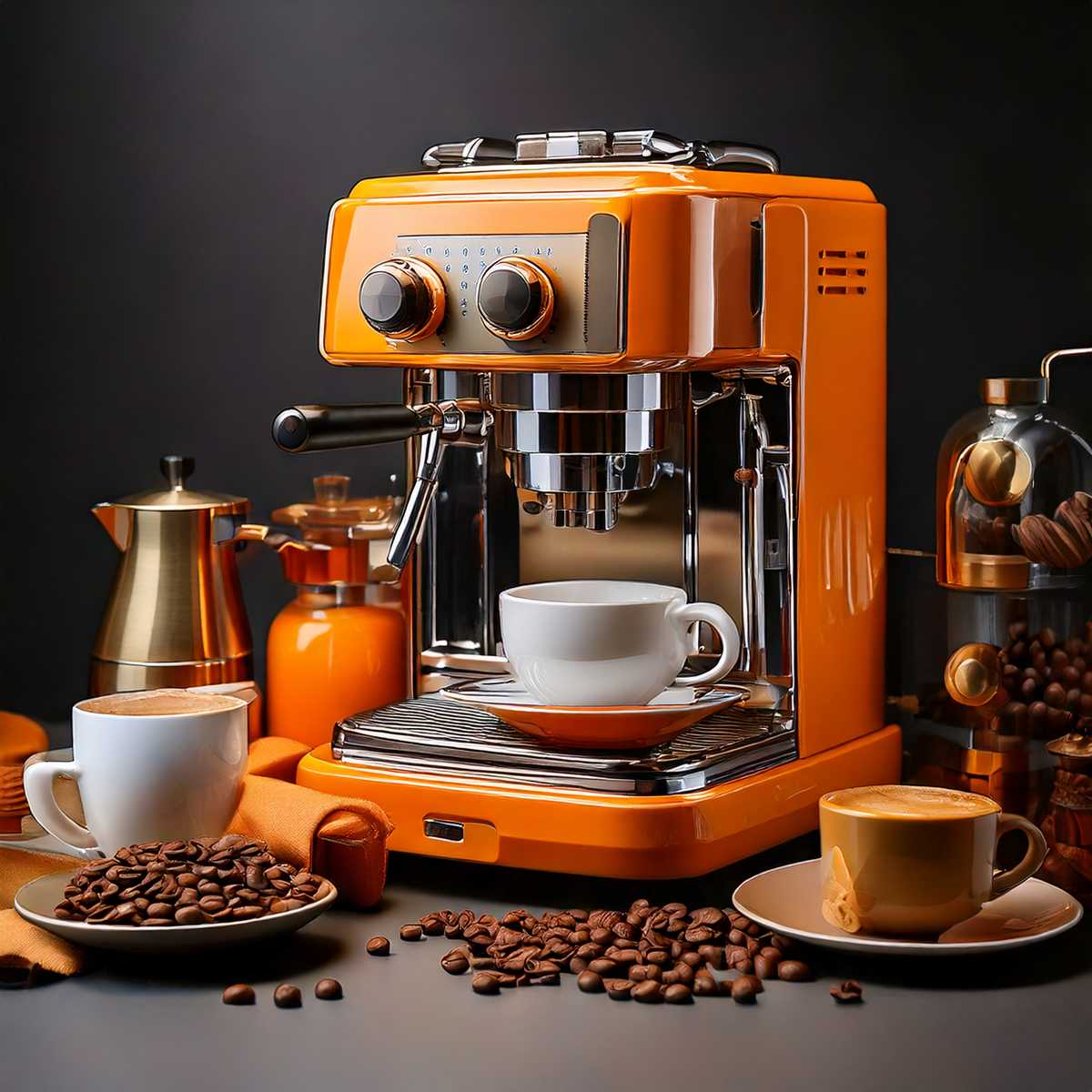 Ein Kaffeeautomat mit allerlei Zubehör und Kaffeesorten - Symbolgrafik für Cross-Selling