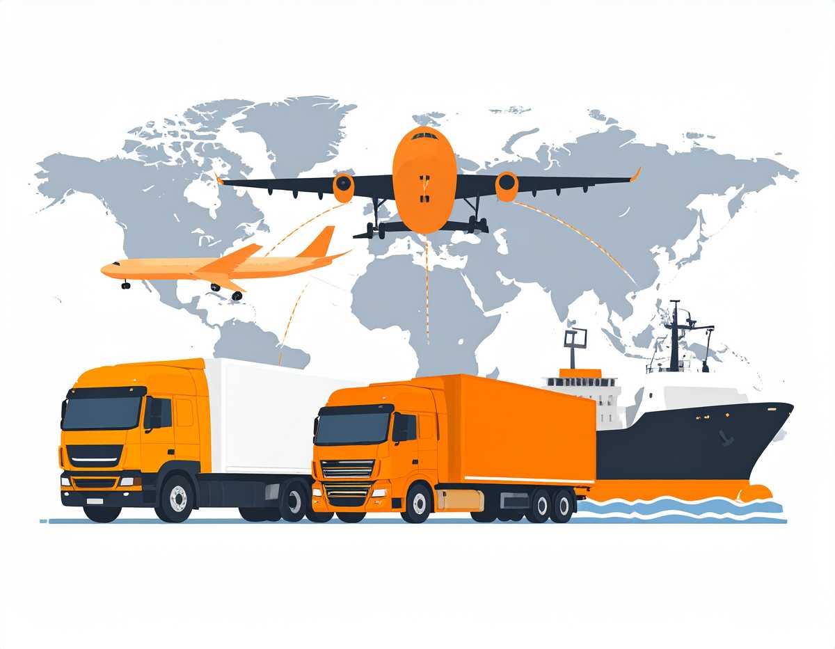 Symbolgrafik internationaler Frachtverkehr mit LKW, Flugzeug und Schiff vor Weltkarte