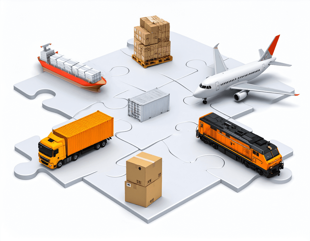 Symbolgrafik Logistik mit Container, Paketen, Palette und Transportmitteln
