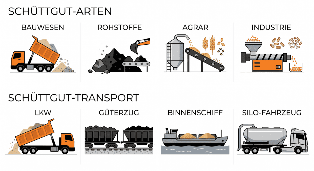 Schüttgutarten und Transport von Schüttgütern. Symbolgrafik: Generiert mit KI