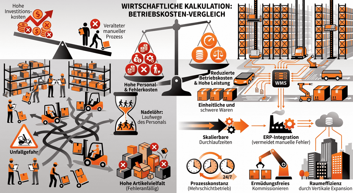 Symbolgrafik Betriebskosten-Vergleich zwischen manuellem und automatisiertem Lager, generiert mit KI
