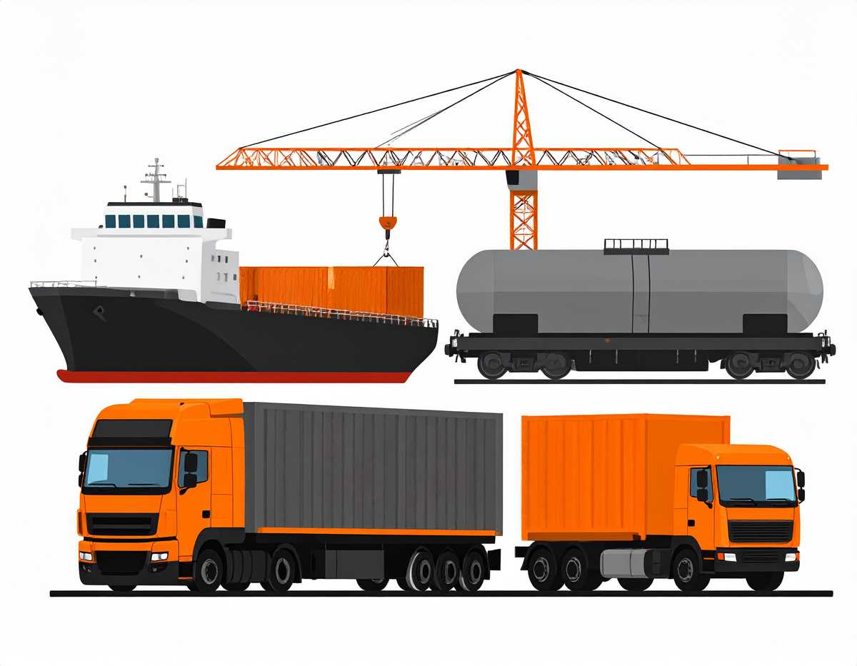 multimodaler Transport: Frachtschiff, Tankwaggon, LKW