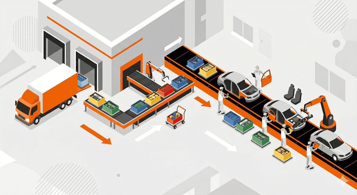 Symbolgrafik: Just-in-Sequence-Belieferung einer Produktionsstraße