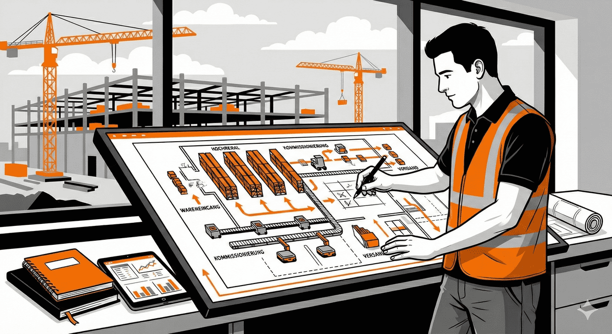 Symbolgrafik: Logistiker plant ein Lagersystem