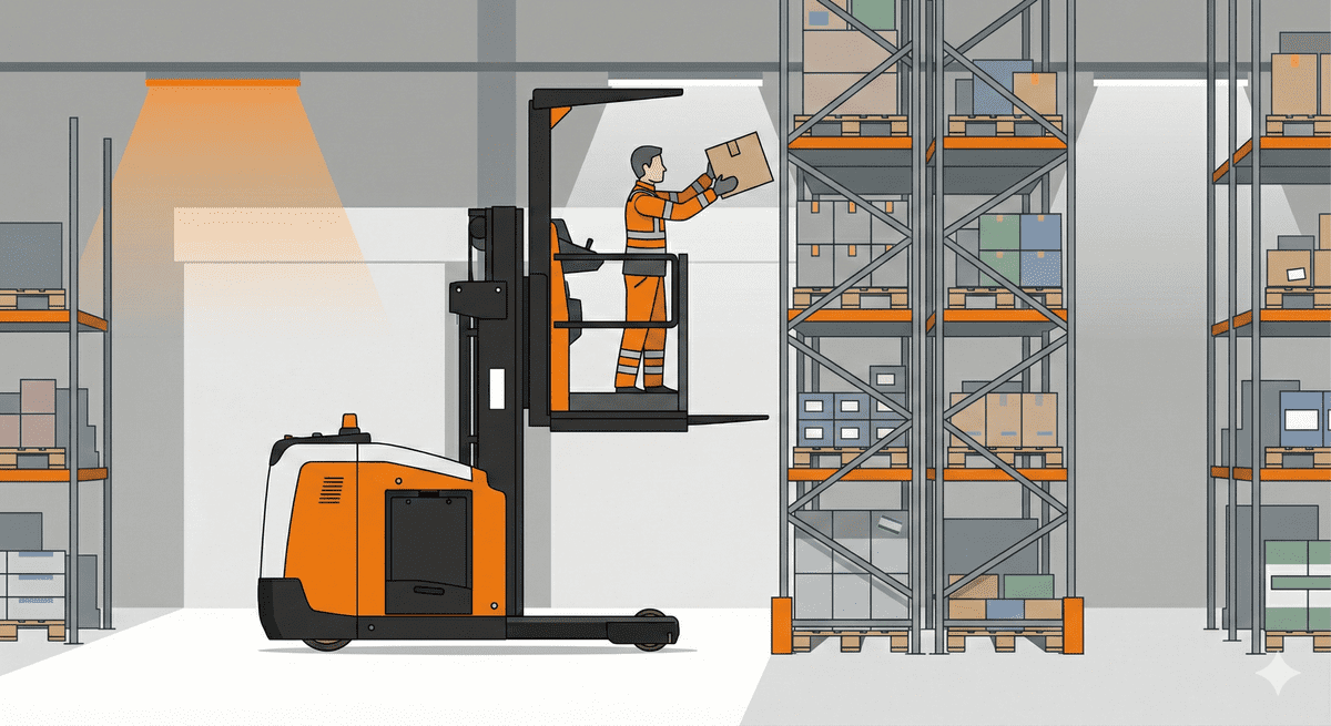 Symbolgrafik: Vertikal-Kommissionierer mit "Man-up-Prinzip"