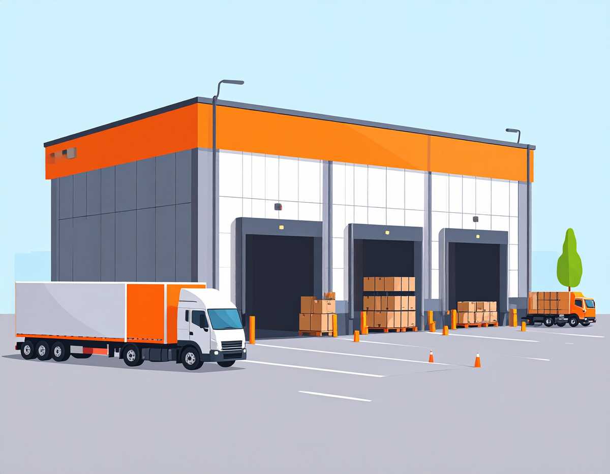 Versandzone eines Lagers mit LKW-Docks.