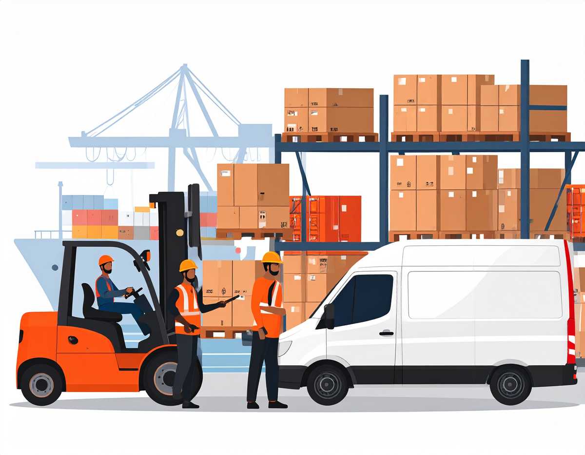 firefly ein warenausgang eines grossen produktionsbetriebs mit palletierter ware staplern und 532203