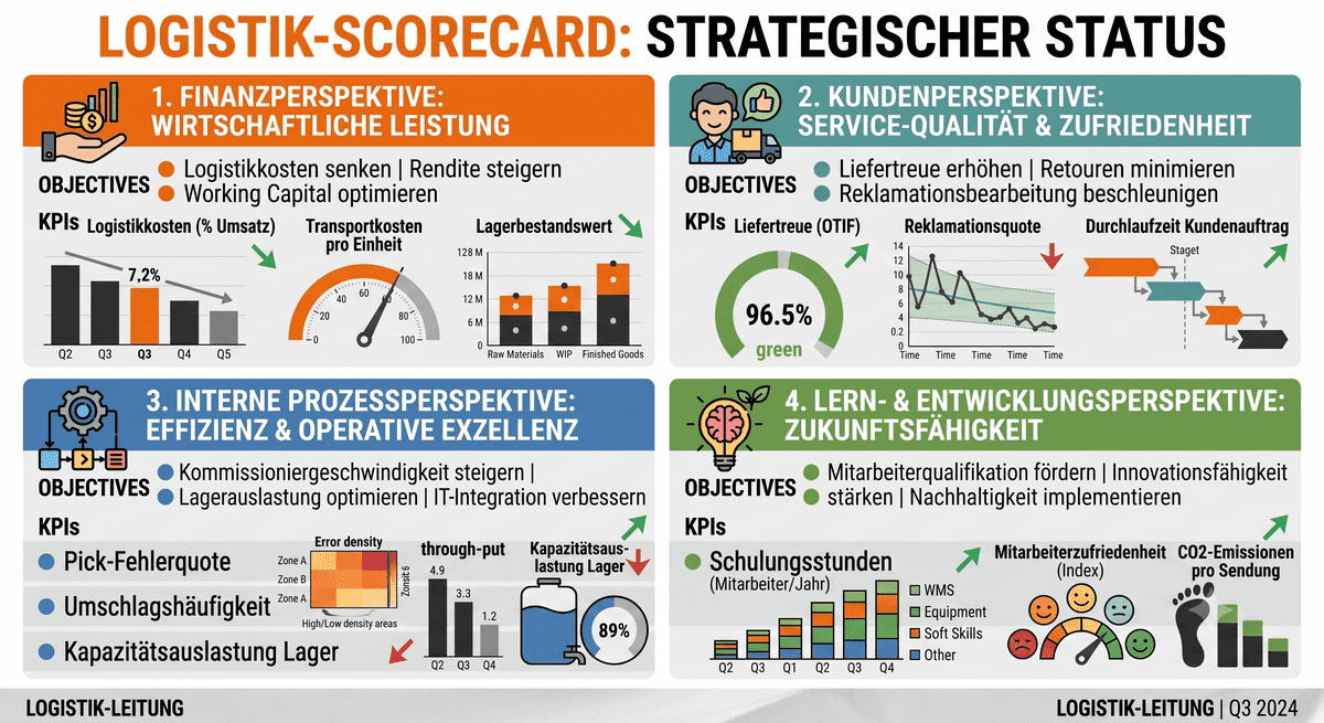 Symbolgrafik Balanced Scorecard für die Logistik, generiert mit KI