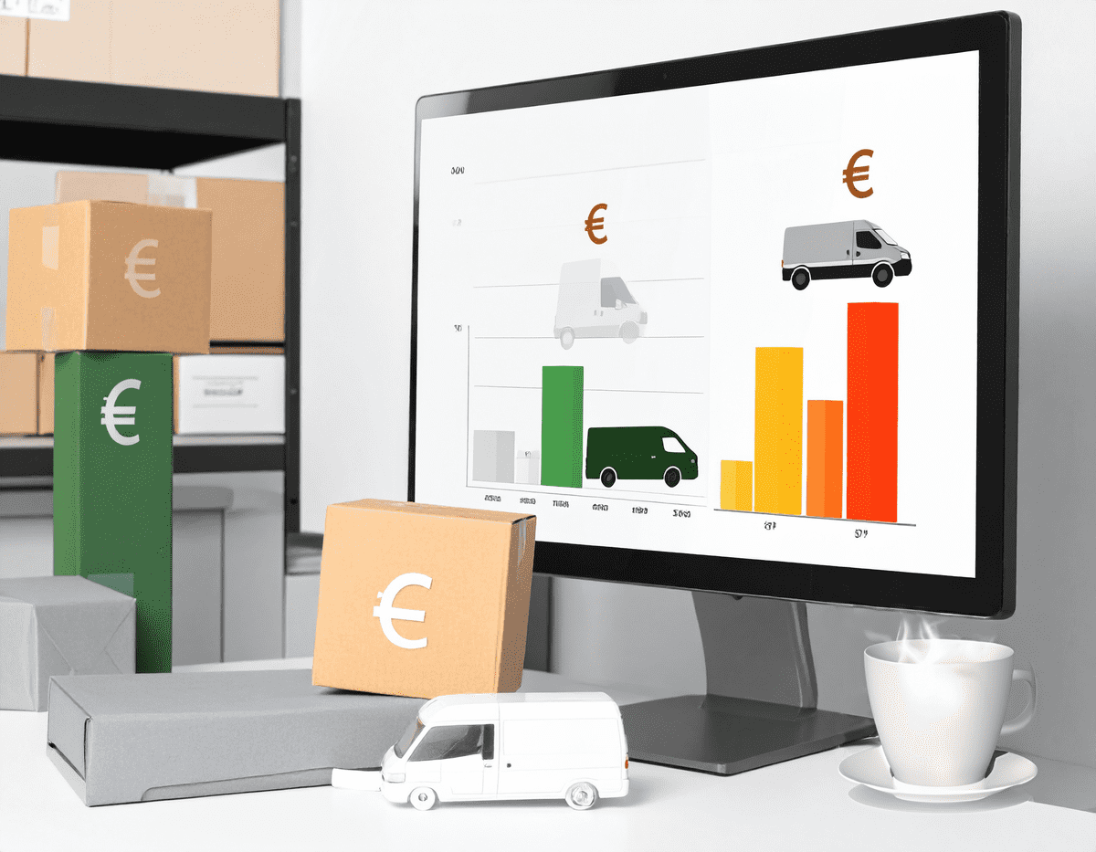 Symbolgrafik für Frachtkostenkontrolle per Software an einem Desktop
