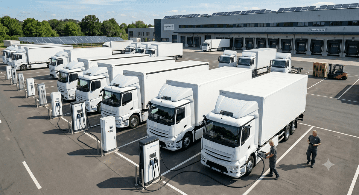Elektrische LKW-Flotto und Solarmodule. Grafik: Generiert mit KI