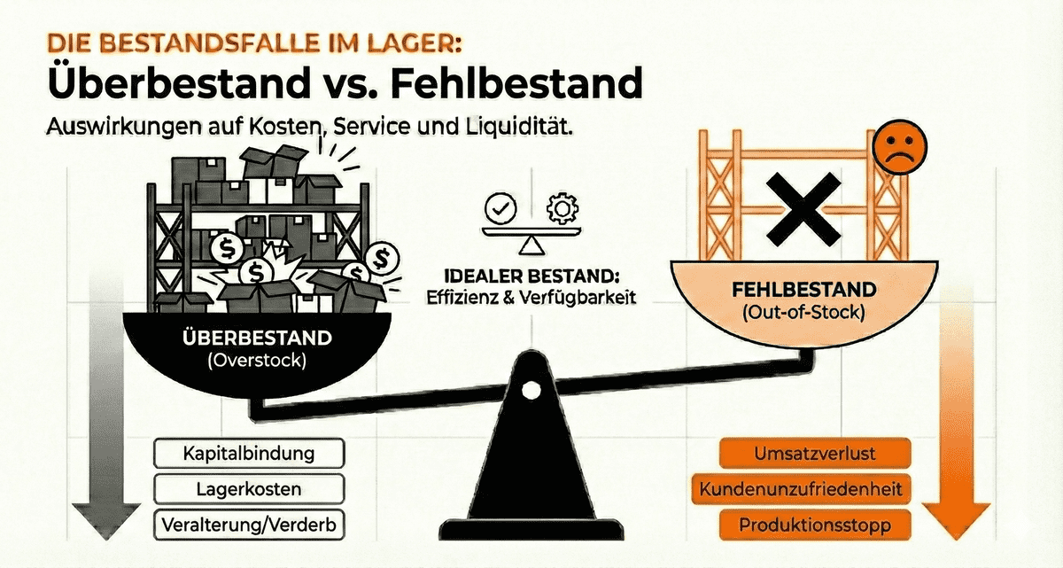 Symbolgrafik optimaler Bestand, Wage mit Überbestand und Fehlbestand