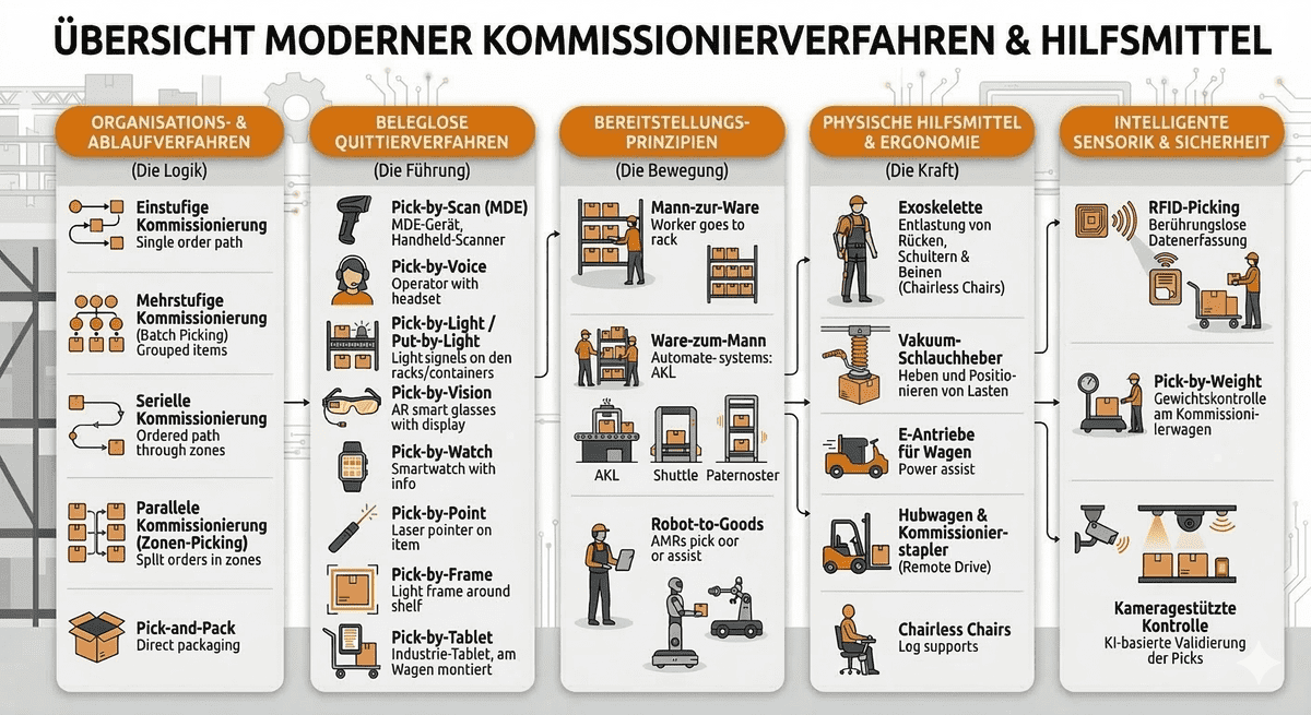 Grafik fasst moderne Kommissionierverfahren und Hilfsmittel zusammen